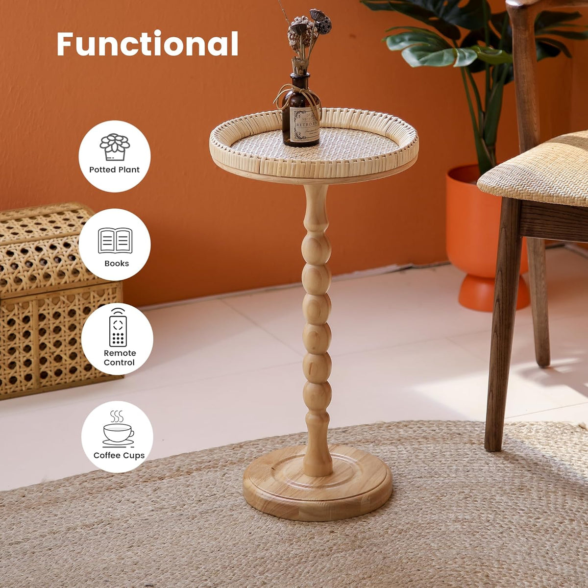Drink Table，Rattan Round Small Side Table for Small Spaces, Boho Circle End Table Coffee Table with Solid Wood Leg for Living Room, Pedestal Table for Bedroom, Corners
