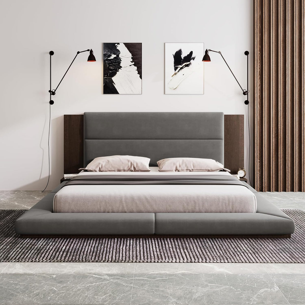 SOFTSEA King Size Floor Platform Bed Frame, Upholstered Floor Bed with Extended Headboard & Bedside Shelf, Velvet Fabric Grounded Bed Frame King Size for Bedroom, No Box Spring Needed, Gray