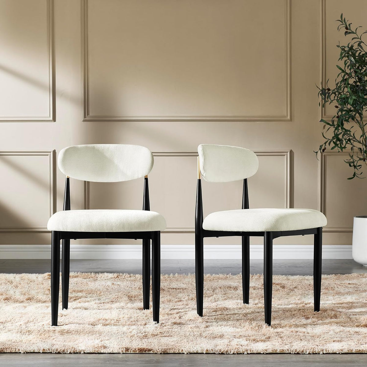 Morden Fort White Set of 2 Armless Upholstered Chenille Dining Chairs with Black Metal Legs and Gold Accent Back
