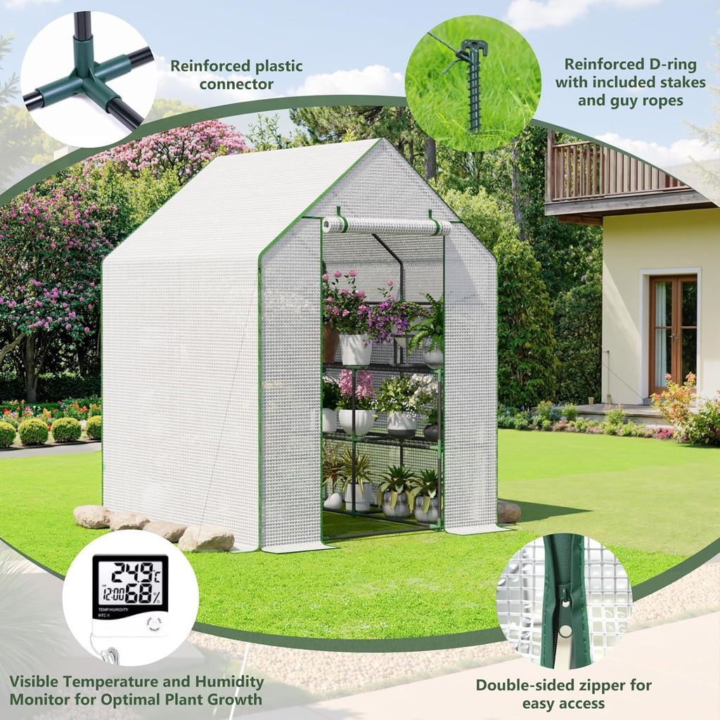 Greenhouse for Outdoors, Small Greenhouse, Walk-in Greenhouses with 3 Tiers 8 Shelves, PE Cover, Heavy Duty Plant Greenhouses for Garden and Backyard