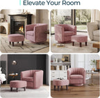 LINSY Large Swivel Accent Chair with Ottoman, Velvet Barrel Chair with Footrest, Modern Upholstered Comfy Reading Chair Armchair for Living Room, Bedroom, Study Room, Office, Pink