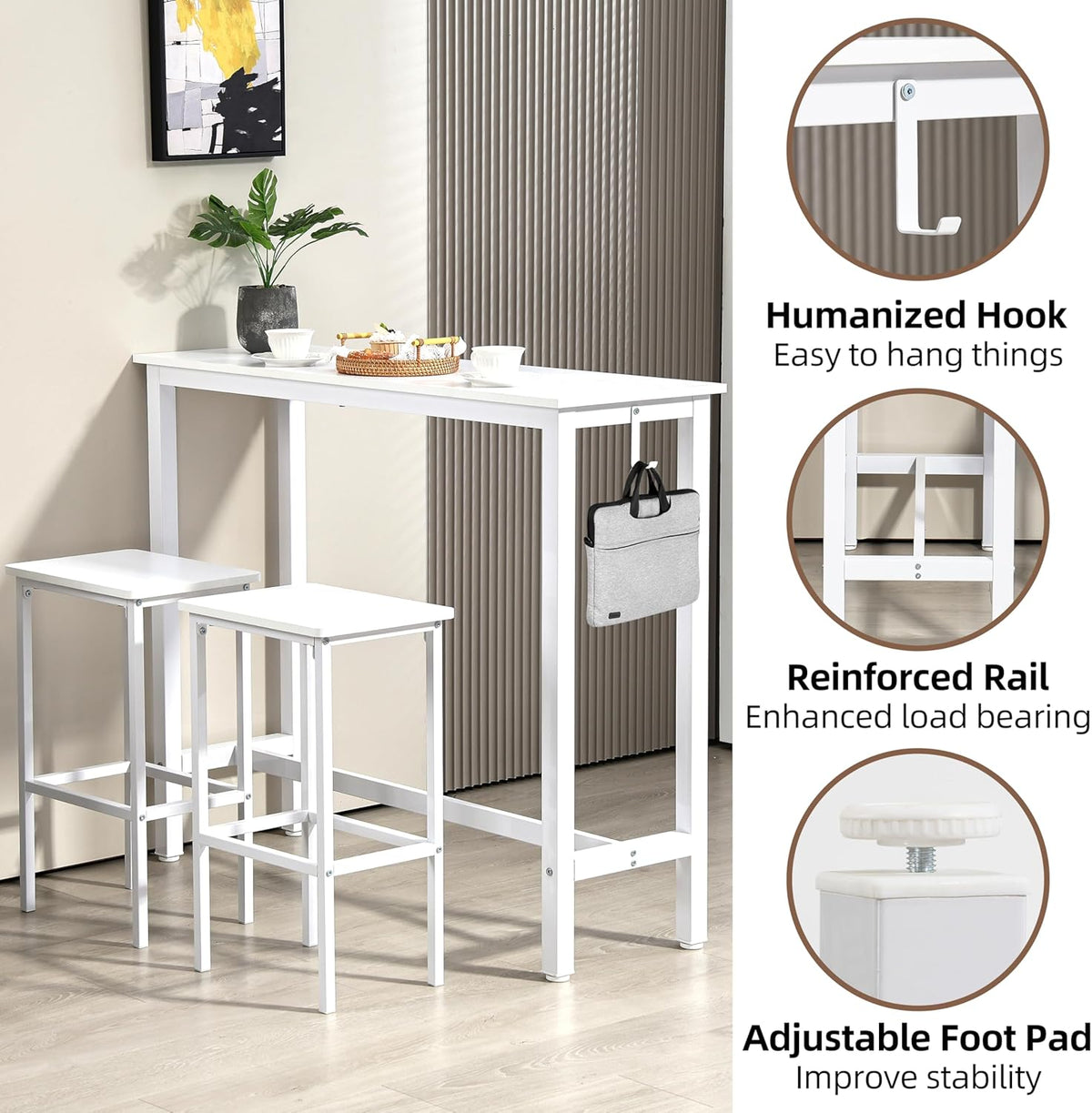 Finnhomy 47" Industrial Bar Table Set with 2 Stools - Counter Height Dining & Pub Table for Small Spaces, Kitchen, Apartment, Breakfast Nook - Metal & Wood, Space-Saving Furniture - White