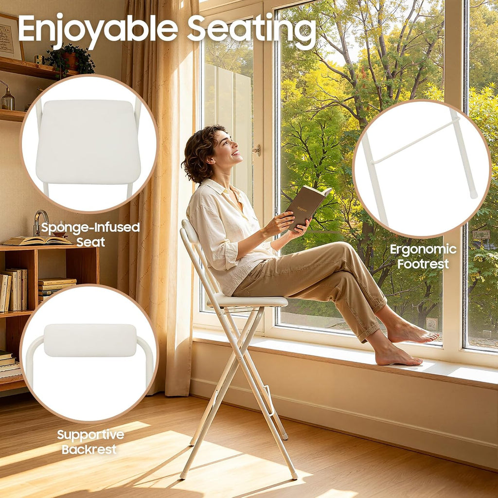 Folding Bar Stool with Backrest, 29.5 Inch Tall Foldable Stool Chair with Leather Padded Seat, Portable Counter Height Collapsible Stool for Kitchen Island Shop Cafe Dining Room, White, 1pcs