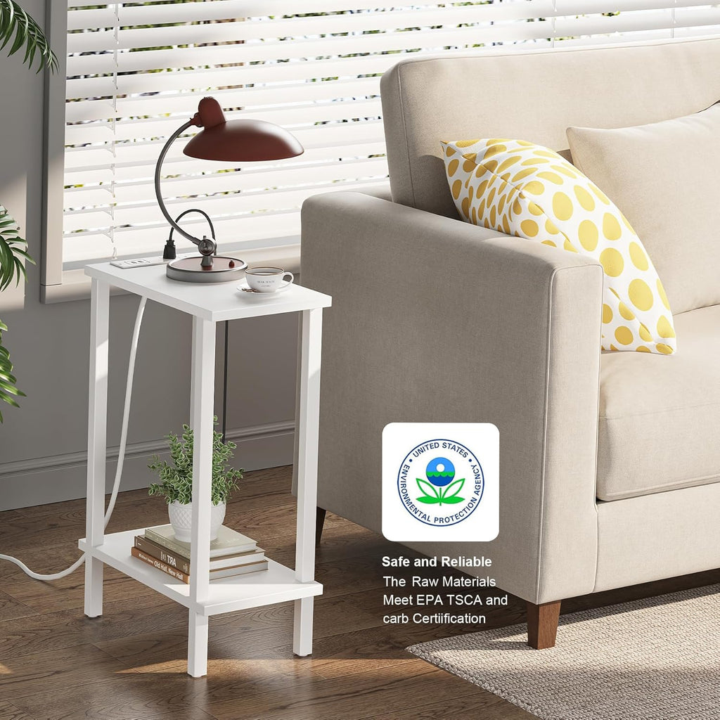 TUTOTAK Small End Table with Charging Station, Narrow Side Table with USB Ports and Outlets, Skinny Sofa Table, Slim Nightstand, Living Room, Bed Room, White TB01BW060