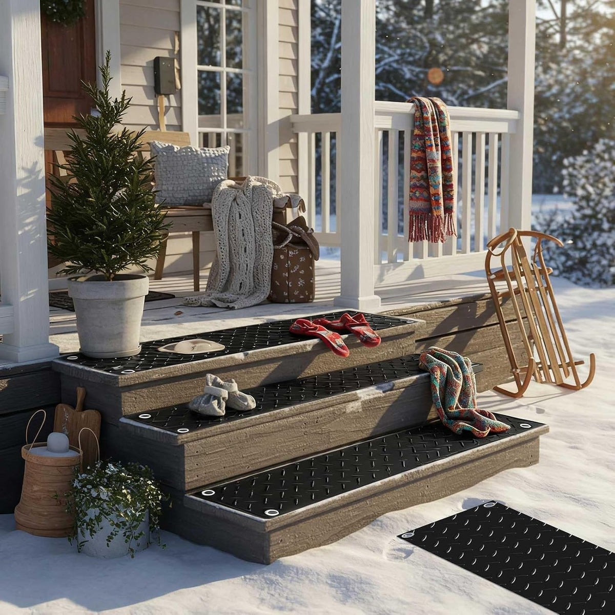 Riakrum 8 Pcs Heated Snow Melting Mats Outdoor, 10 x 30 in Winter Anti-Slip Heated Rubber Mat for Walkways Decks and Sidewalks, Snow and Ice Melting Pads Connection with 9.84 ft Power Cord