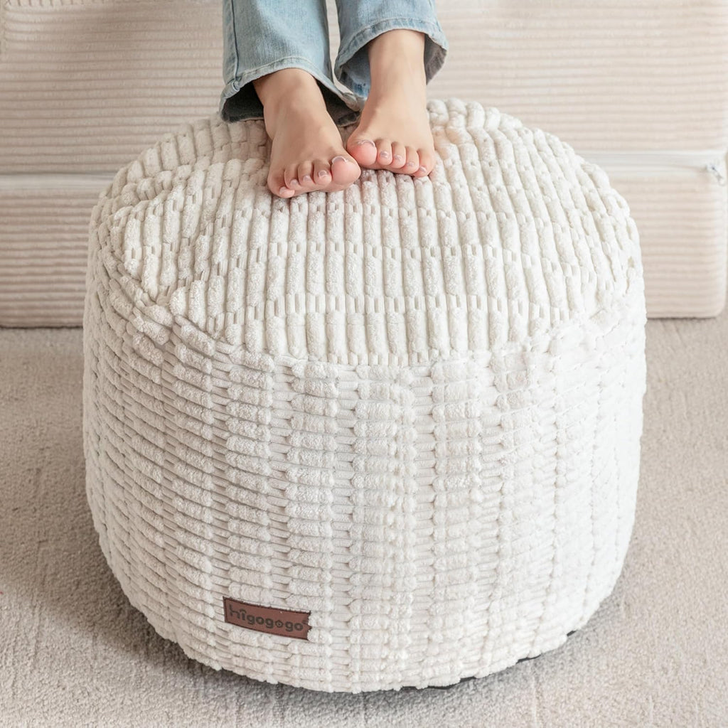 HIGOGOGO Pouf Ottoman Stuffed Round Modern Foam Filled Foot Rest Poufs for Living Room Chair Decorative 26 X 18 Inches Boho Relax Stool for Wedding Christmas Party, Beige
