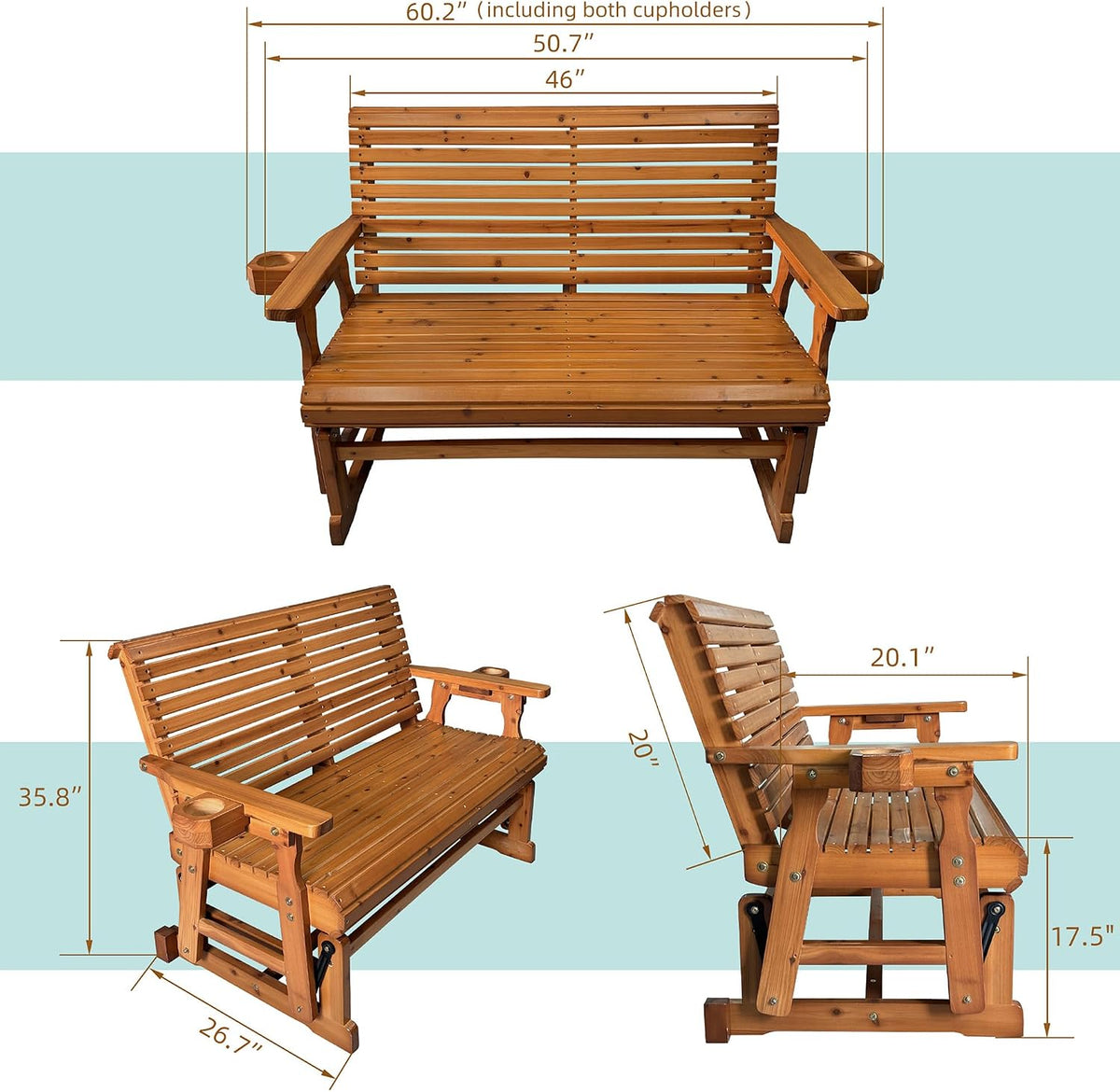 Fortune Candy Patio Glider with Cup Holders, High Roll Back and Deep Contoured Seat, Heavy Duty 800 Lb (Brown, 2-Seater)