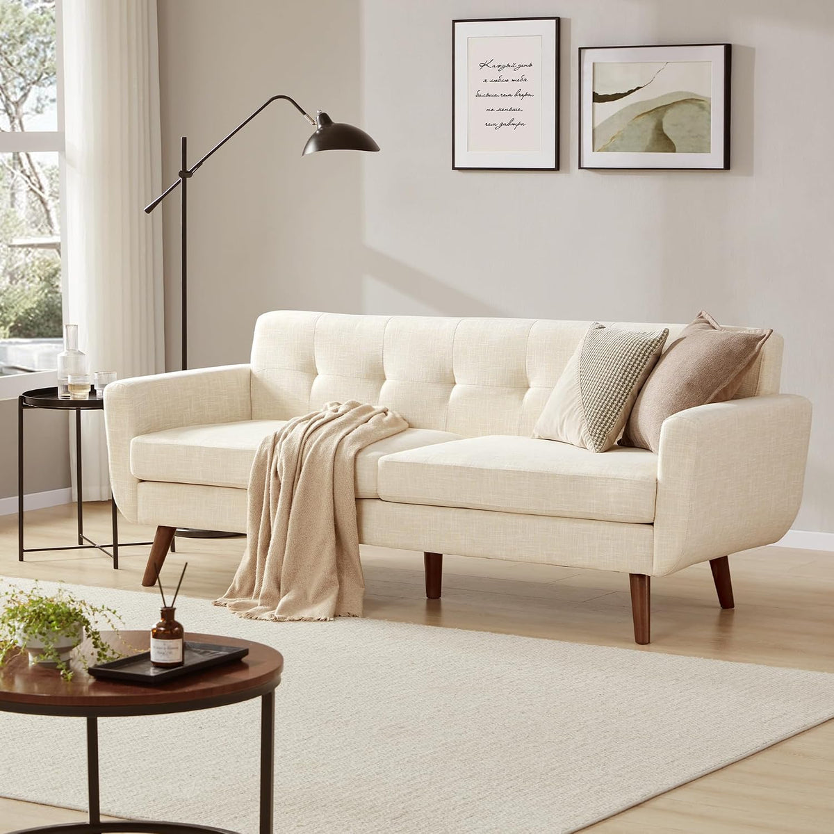 Tbfit 77.2" W Linen Sofa Couch, Mid Century Modern Decor Loveseat Couches for Living Room, Button Tufted Upholstered Small Couch for Bedroom, Solid, and Easy to Install Love Seats Furniture, Beige