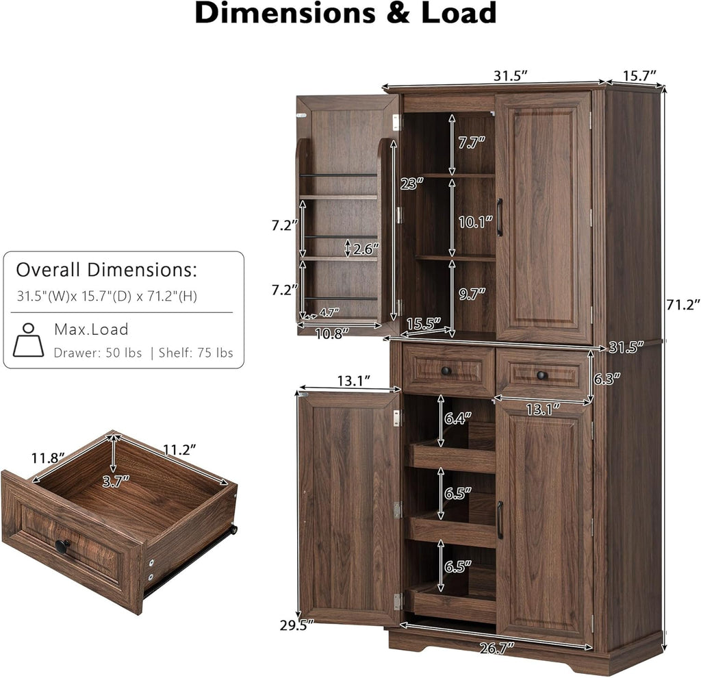 Merax 71" Tall Kitchen Pantry, Farmhouse Storage Cabinet with 6 Door Shelves, 2 Drawers and 3 Adjustable Shelves, Freestanding Rustic Wood Cupboard for Kitchen, Dining Room, Brown