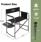 YOUNG WOOD Camping Directors Chair, Lightweight Oversized Portable Folding Chair with Side Table and Storage Pockets for Outdoor Camping, Lawn, Picnic and Fishing, Supports 400lbs (Black)