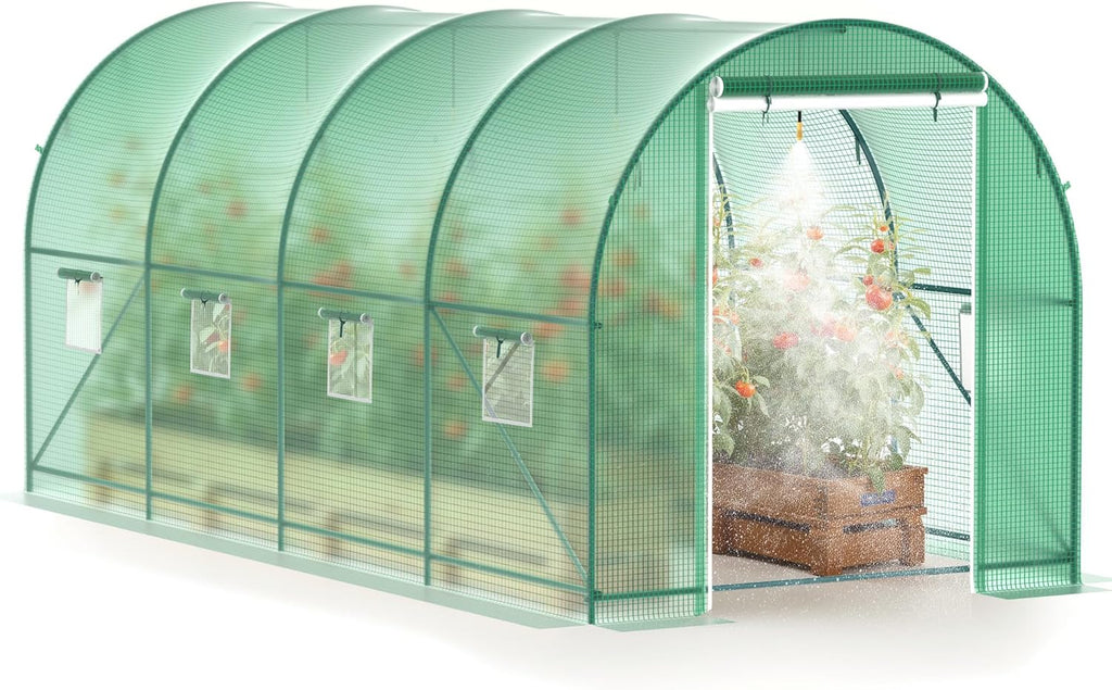 Greenhouse, 15’x7’x7’ Upgraded Walk-in Greenhouse with Spraying System, Heavy Duty Tunnel Green House with 6 Ventilated Mesh Windows & Zippered Roll-up Door, Large Plant Garden Hot House Outdoor