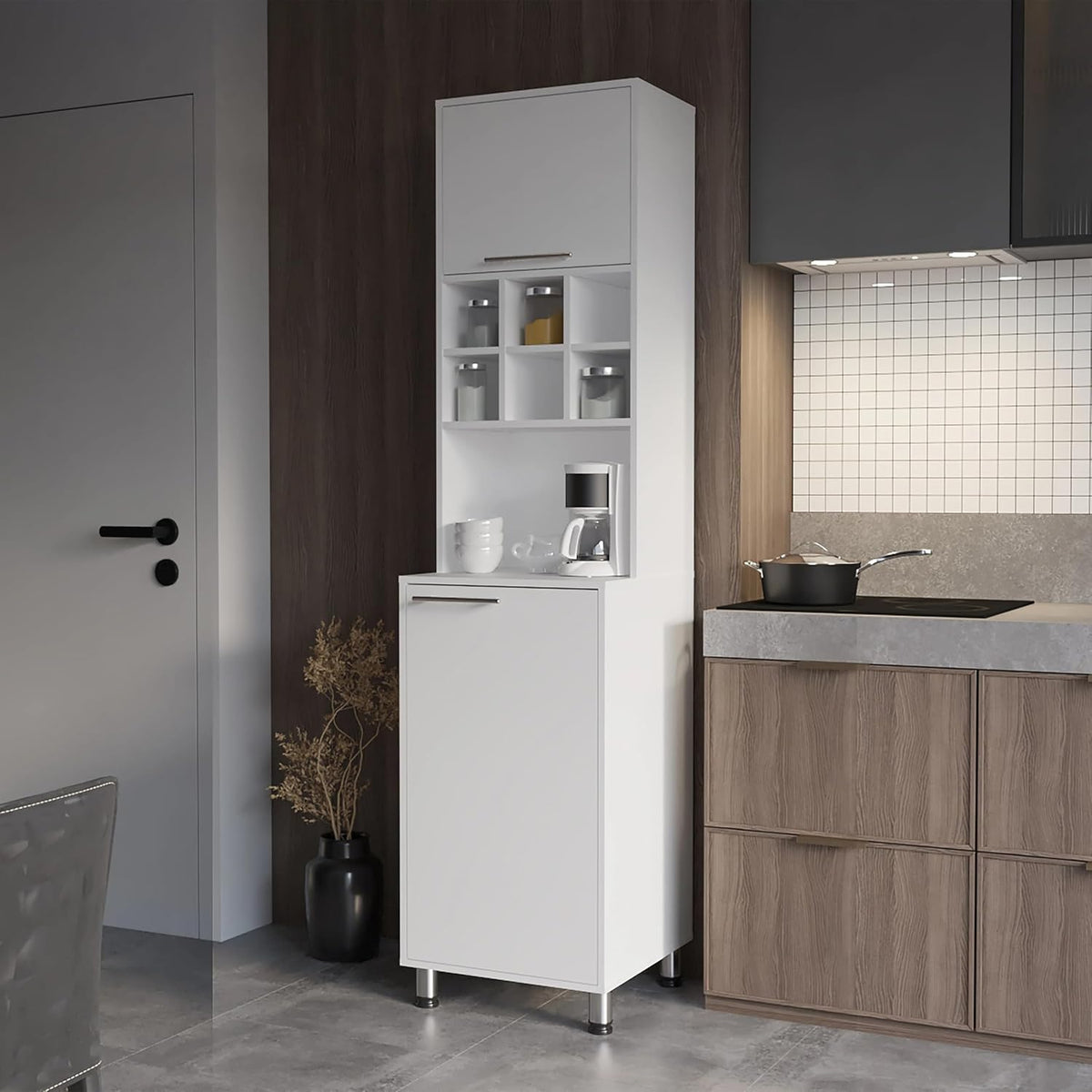 White Kitchen Pantry with Pneumatic Door and Open Storage
