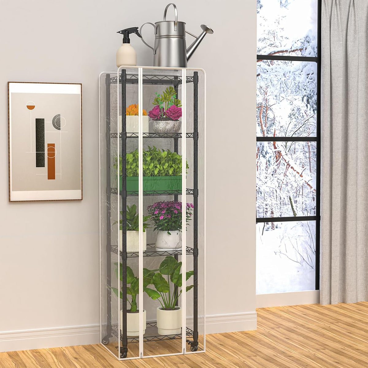 Mini 5-Tier Greenhouse for Indoor Outdoor, 15.7" L×11.8" W×62.3" H Portable Greenhouse with Clear PVC Cover and Metal Shelf for Growing Vegetables, Flowers and Seedlings, with Wheels