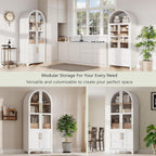71" Tall Arched Farmhouse Pantry Cabinet with Adjustable Shelves & Glass Door, Spacious Storage Cabinet with Hidden Drawer & Door Racks for Kitchen, Dining Room, Living Room(White)