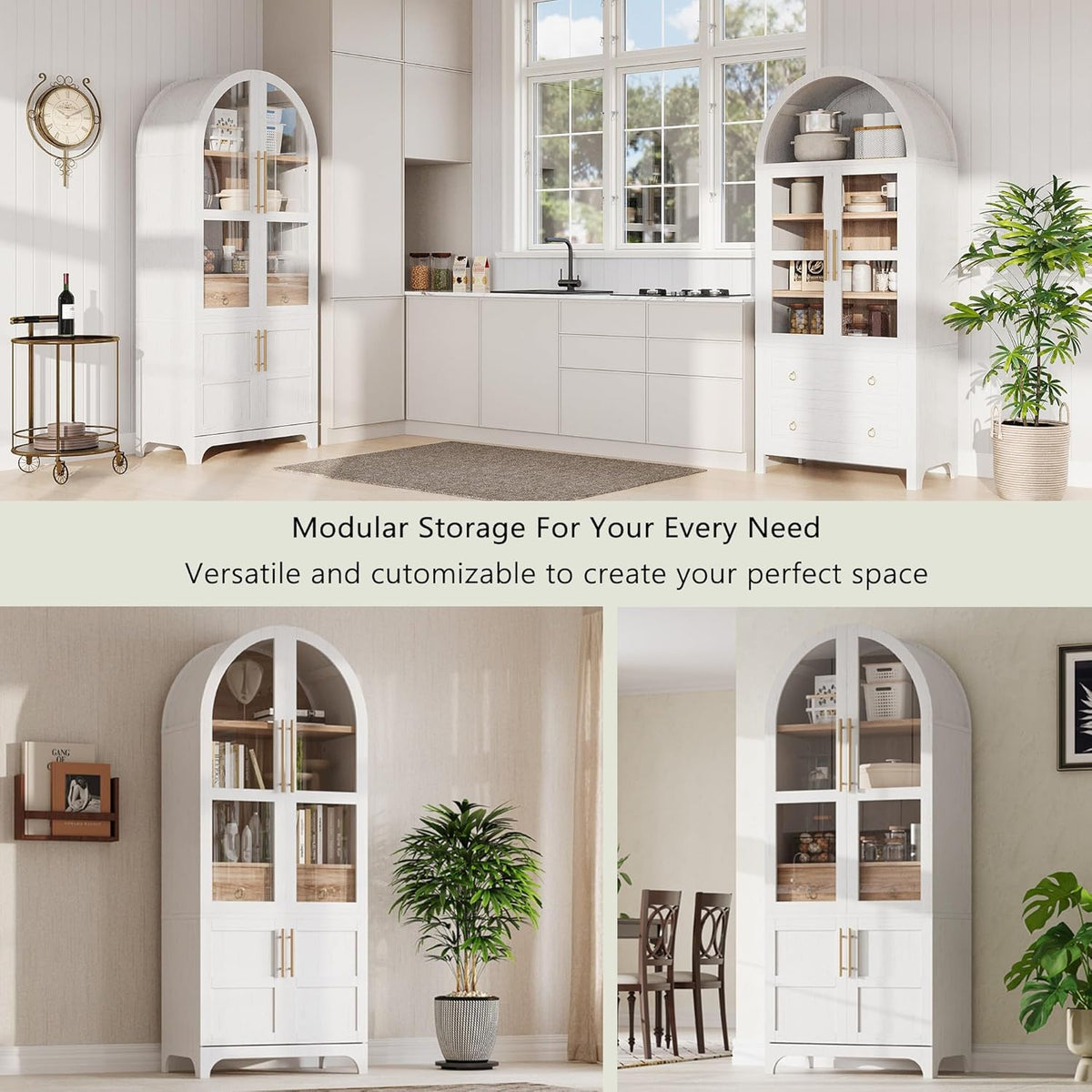 71" Tall Arched Farmhouse Pantry Cabinet with Adjustable Shelves & Glass Door, Spacious Storage Cabinet with Hidden Drawer & Door Racks for Kitchen, Dining Room, Living Room(White)