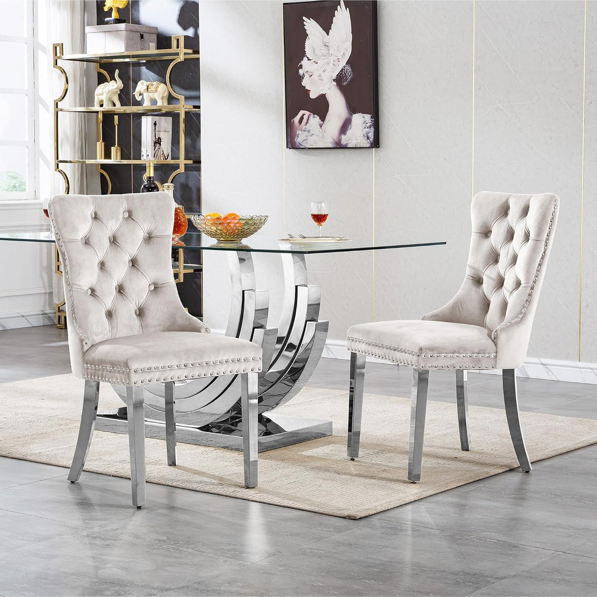 7 Piece Dining Table Set with 6 Beige Dining Chairs, Modern Glass Kitchen Table and Chairs Set for 6, 70" Rectangle Silver Glass Pedestal Dining Room Tables with Ring-Shape Stainless Steel Base