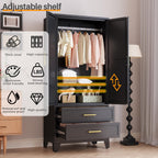 RIETERN Metal Armoire Wardrobe Closet, 71" Tall Bedroom Closet with Mirror, 2 Drawers, Adjustable Shelves, and Hanging Rod, Steel Clothes Closets and Storage, for Bedroom Black