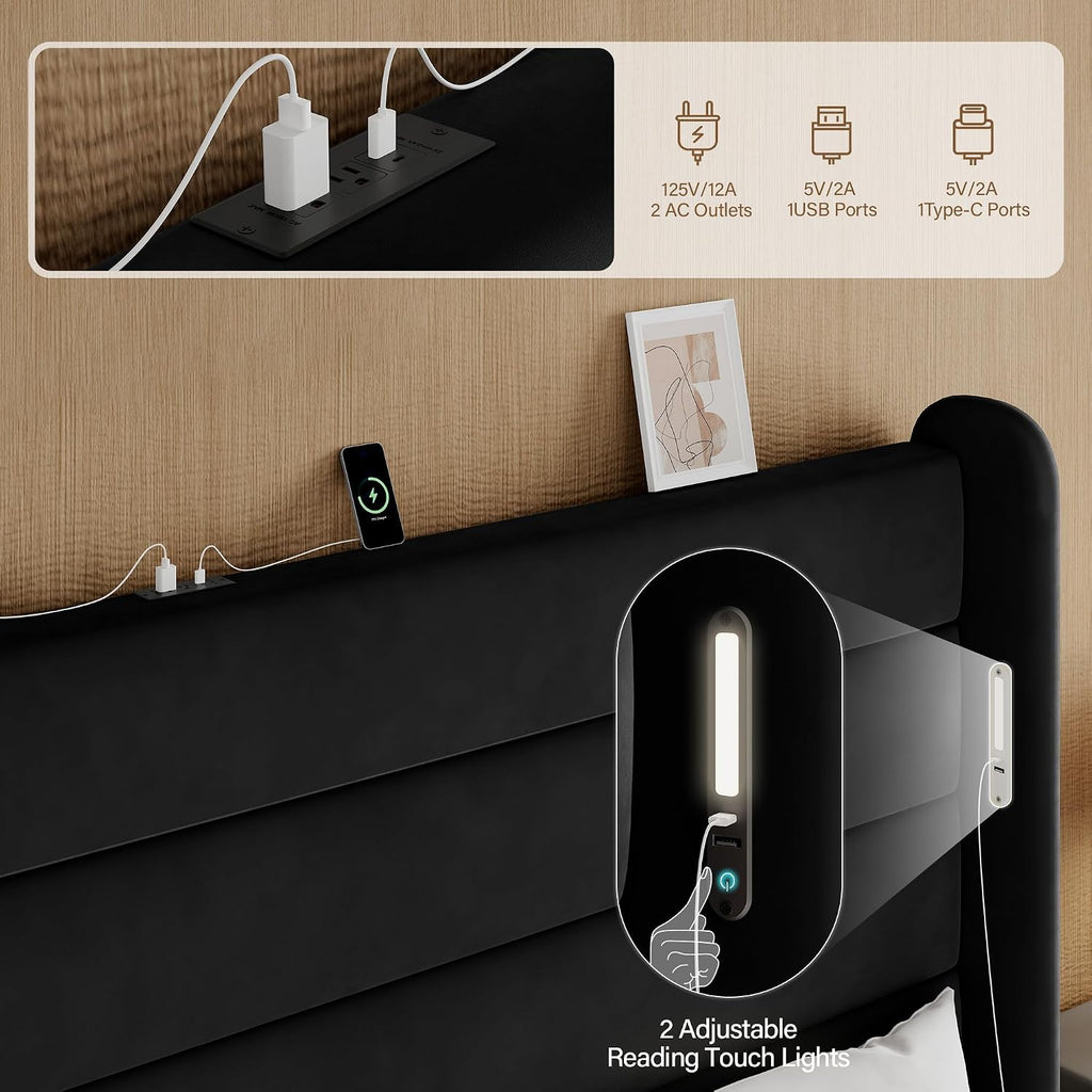 Queen Size Bed Frame with 59'' Tall Headboard with Readlight, Black