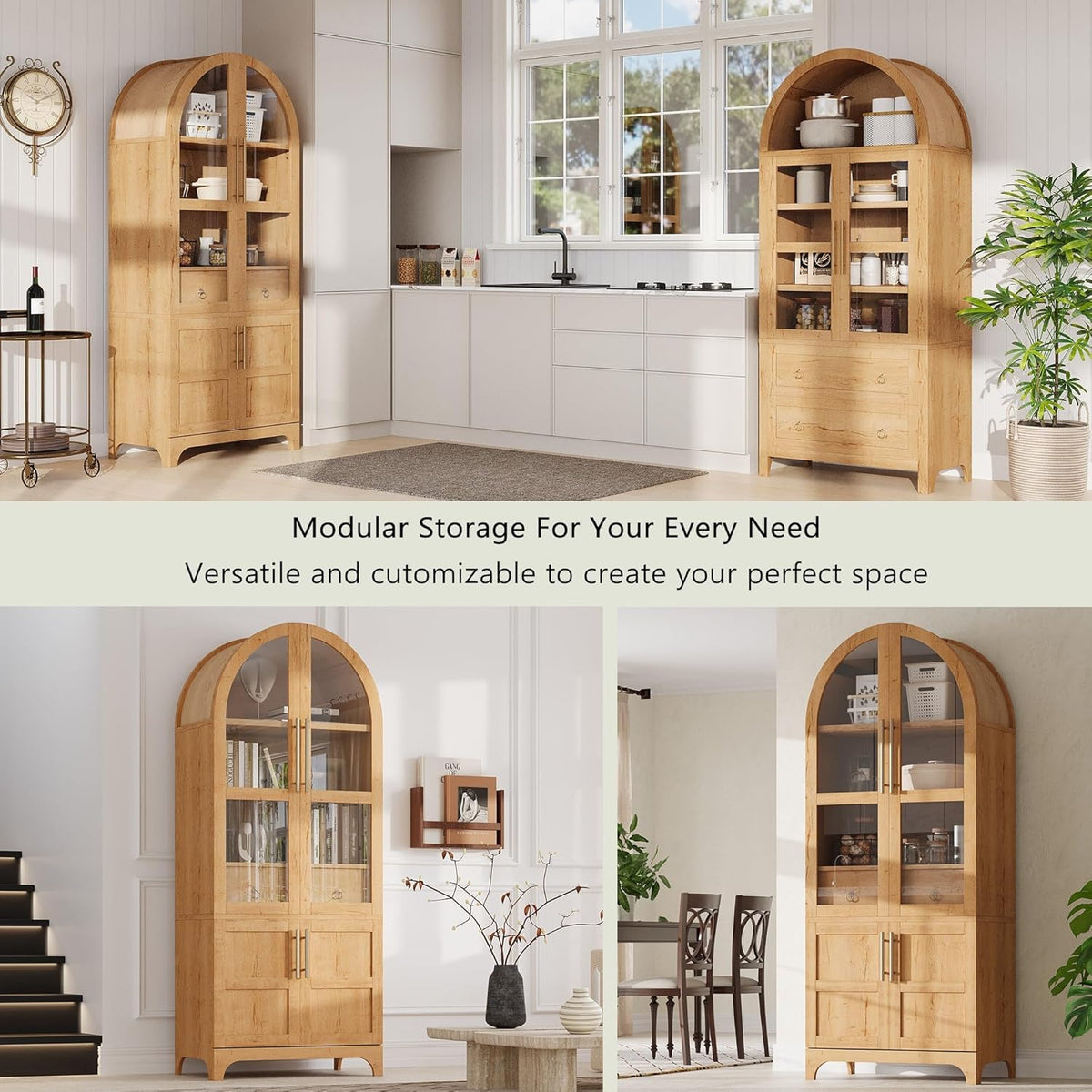 71" Arched Kitchen Pantry Cabinet with Glass Doors, Farmhouse Pantry Cabinet with Door Shelves and Drawer, Tall Cupboard with Adjustable Shelves for Kitchen, Dining Room, Natural