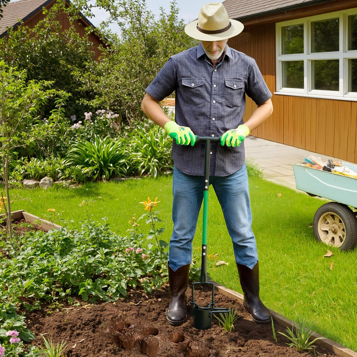 Bulb Planter Tool, Sod Plugger with Long Handle Serrated Base, 5-in-1 Lawn Plug Garden Tool for Transplanting, Digging, Grass Plug, Soil Sampler, Planting for Tulips, Iris, Daffodils