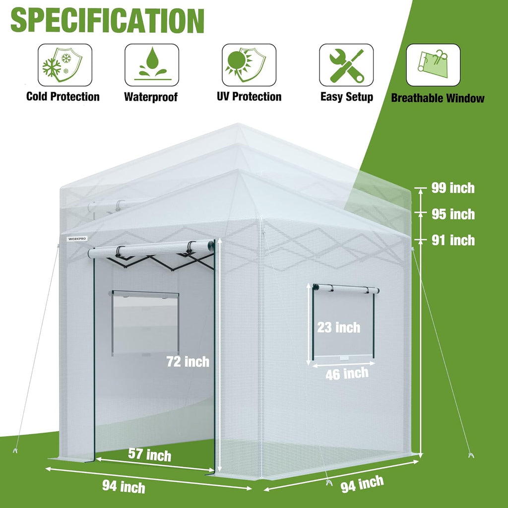WORKPRO Greenhouse, 94”x 94”x 99” Pop-up Greenhouse for Outdoors , Heavy Duty Gardening House with Sturdy PE Cover, Roll-up Entry Doors and 2 Screen Windows, for Patio, Backyard, Balcony
