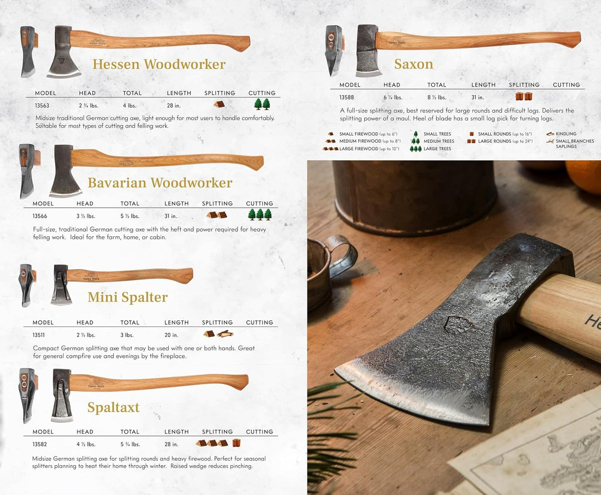 1844 Helko Werk Germany Axe Collection - 10 Traditional Axes - Hinterland, Saxon, Spaltaxt, Mini Spalter, Bavarian, Hessen, Black Forest Woodworker, Rheinland Pack Axe, Rheinland Hatchet, Wölfling