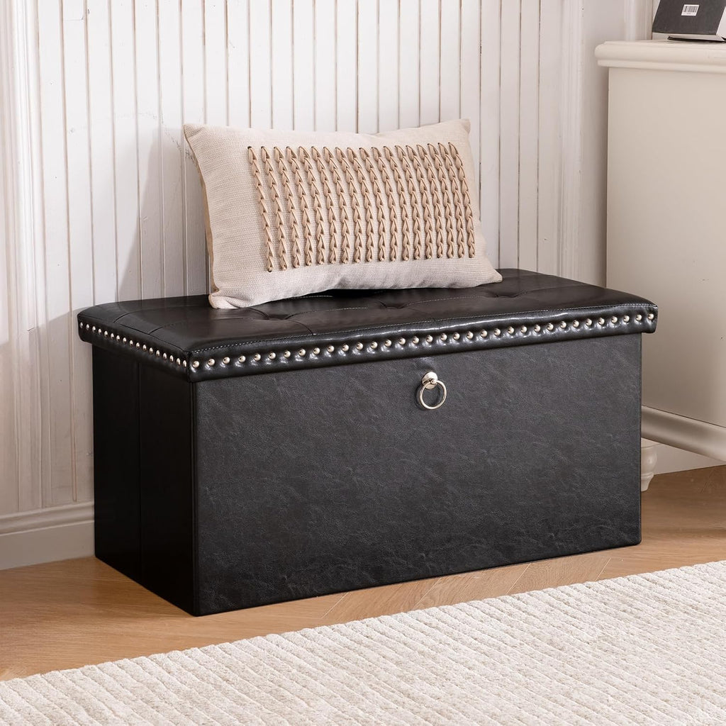oakvivo Folding Storage Ottoman Bench 30in, Leather Foot Rest Stools Ottoman with Storage, Coffee Table, End of Bed Bench Footstool for Living Room, Bedroom, Load 330 lb, 30x15x15 inches, Black