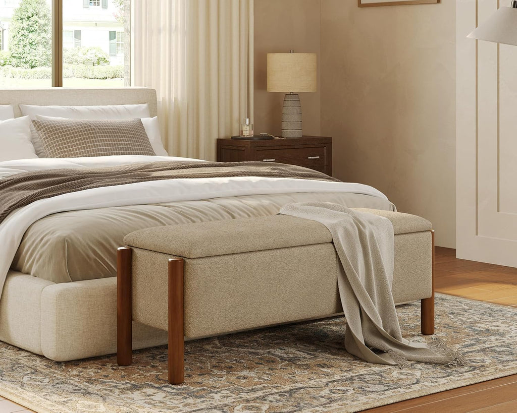 Storage Ottoman Bench, End of Bed Bench for Bedroom, 47" Boucle Upholstered Entryway Shoe Seat Bench, Holds up to 660 lb Storage Ottoman, Padded Blanket Chest Stool Foot Rest for Living Room Beige