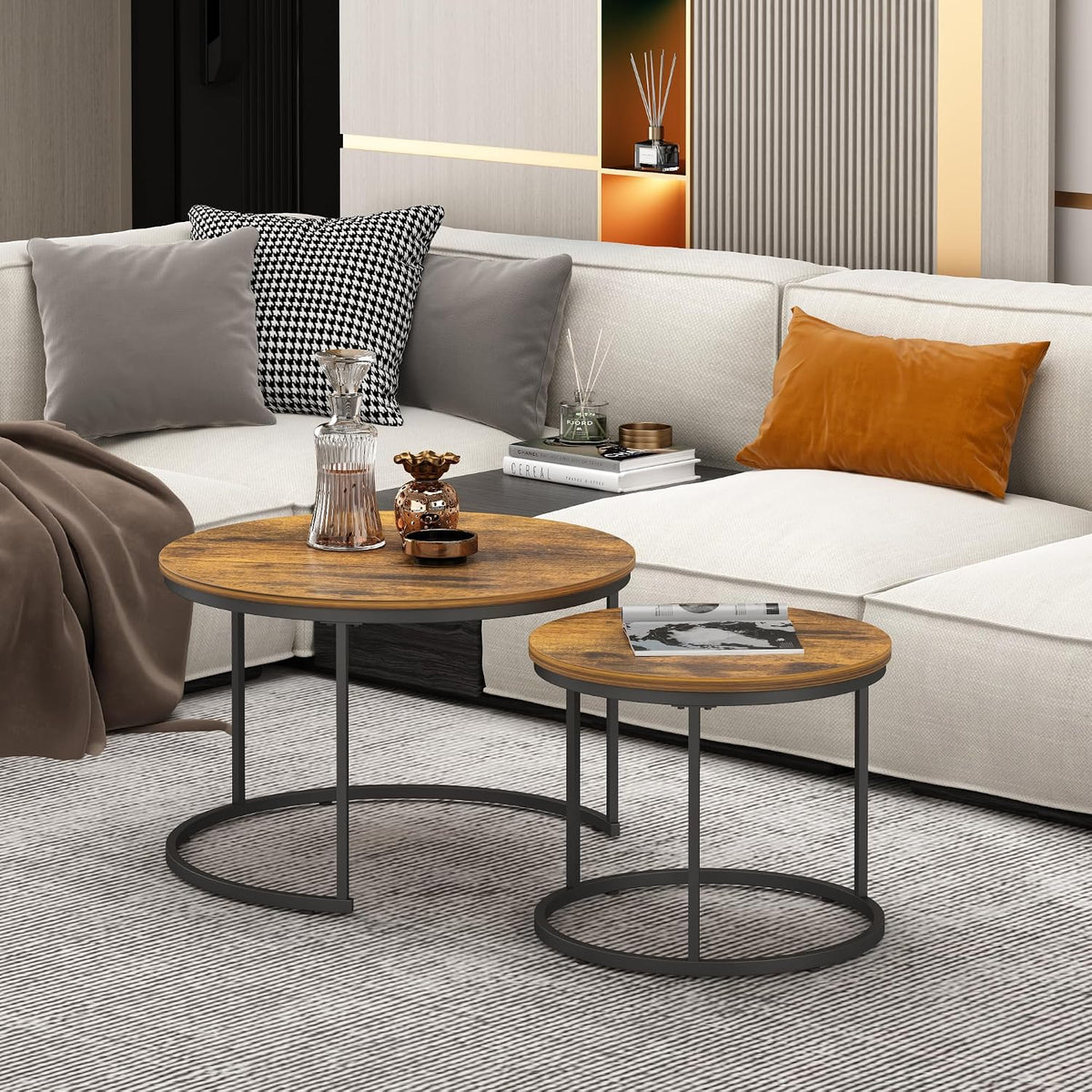 27.6" Round Nesting Coffee Table Set of 2, Rustic Wood Top & Metal Frame | Set of 2 round nesting coffee tables with metal frames and 120 lb capacity. Space-saving stacking design for living rooms