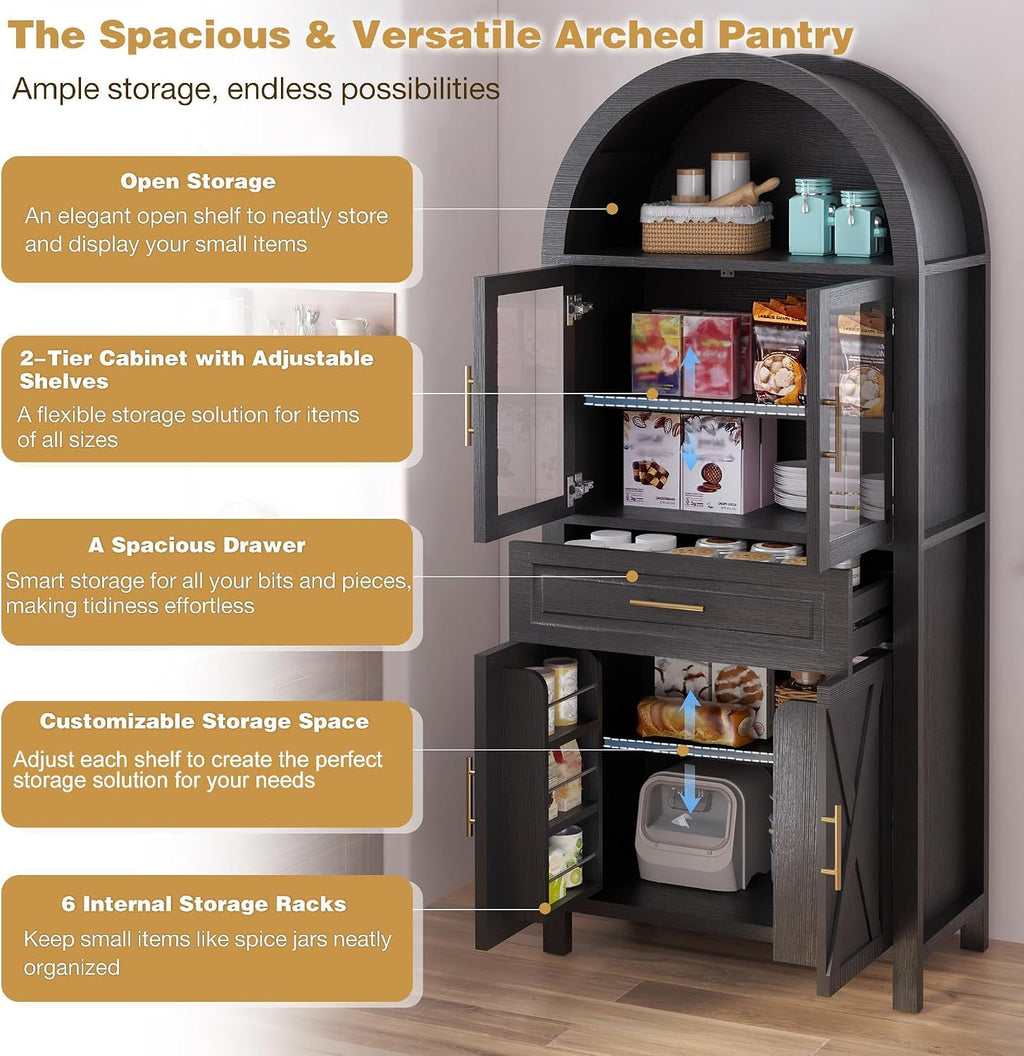 71" Tall Farmhouse Pantry Cabinet, Arched Glass Door Kitchen Storage Cabinet with Barn Door Design, Freestanding Buffet Cabinet with Adjustable Shelves for Kitchen,Living Room,Dining Room,Black