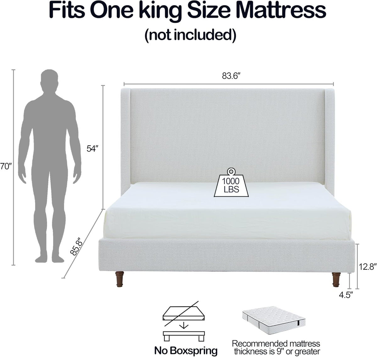 Upholstered Bed Frame with 54" Tall Wingback Headboard, Elegant Boucle Fabric, Solid Wood Legs, Sturdy Metal Structure, No Box Spring Needed, Easy Assembly (Cream White, King)