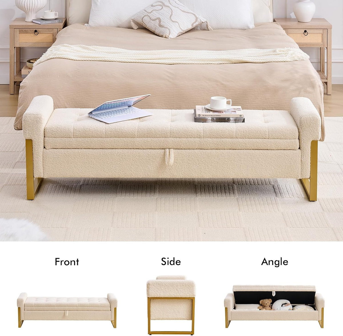 67" End of Bed Storage Bench King Size, Bench for Bedroom Foot of Bed, Upholstered Teddy Storage Ottoman with Gold Legs for Window Living Room, Teddy Beige