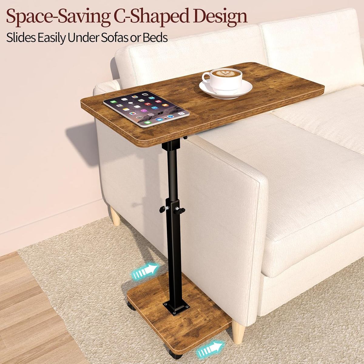 End Table Adjustable Height, 22.8"L Side Table Tv Tray with Wheels, 90° Tilting Panel Couch Table That Slides Under, Small End Table for Small Spaces, Overbed Bedside Desk Mobile Rolling Laptop Stand