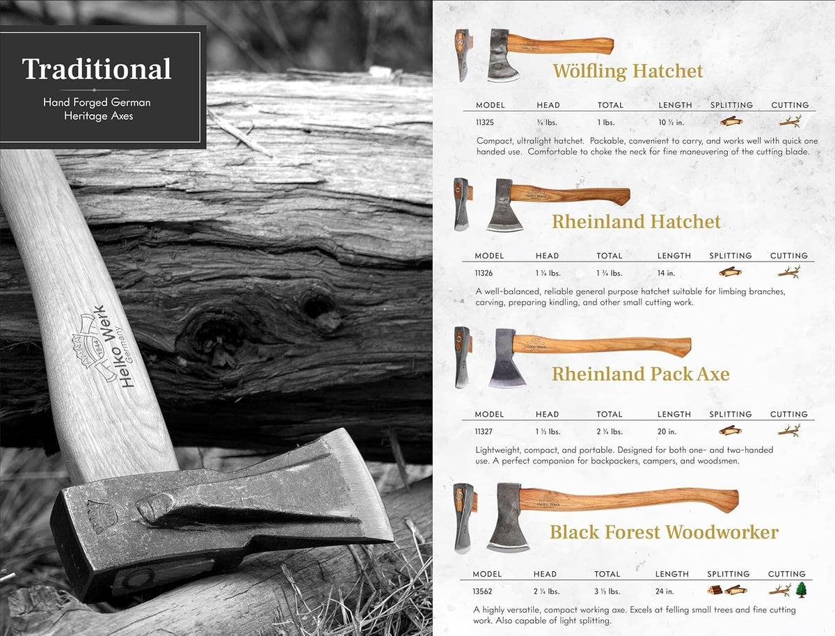 1844 Helko Werk Germany Axe Collection - 10 Traditional Axes - Hinterland, Saxon, Spaltaxt, Mini Spalter, Bavarian, Hessen, Black Forest Woodworker, Rheinland Pack Axe, Rheinland Hatchet, Wölfling