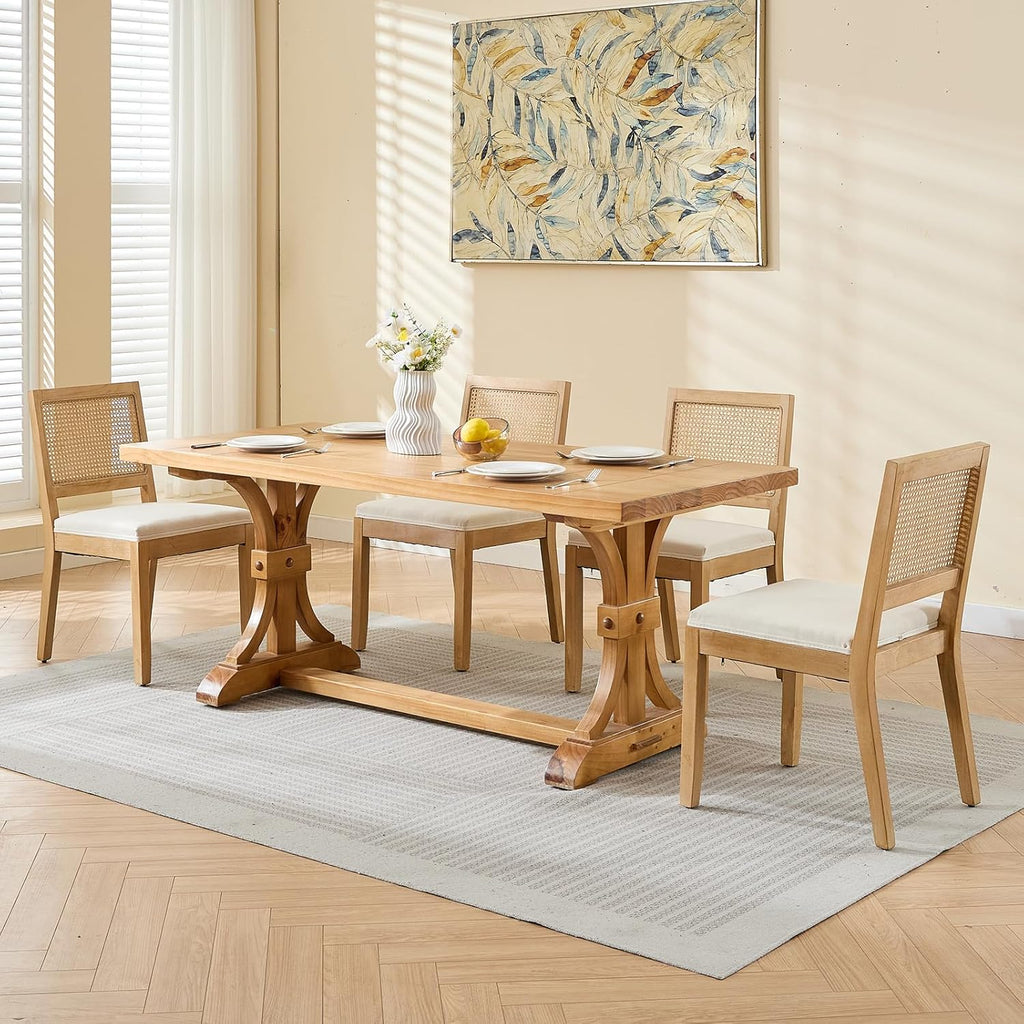 French Country Dining Chairs Set of 8, Beige Modern Kitchen & Dining Room Chairs, Rattan Dining Chair with Linen Upholstered Cushion, Low Cane Back, Wood Legs, Sillas de Comedor (Beige, 8 Pcs)