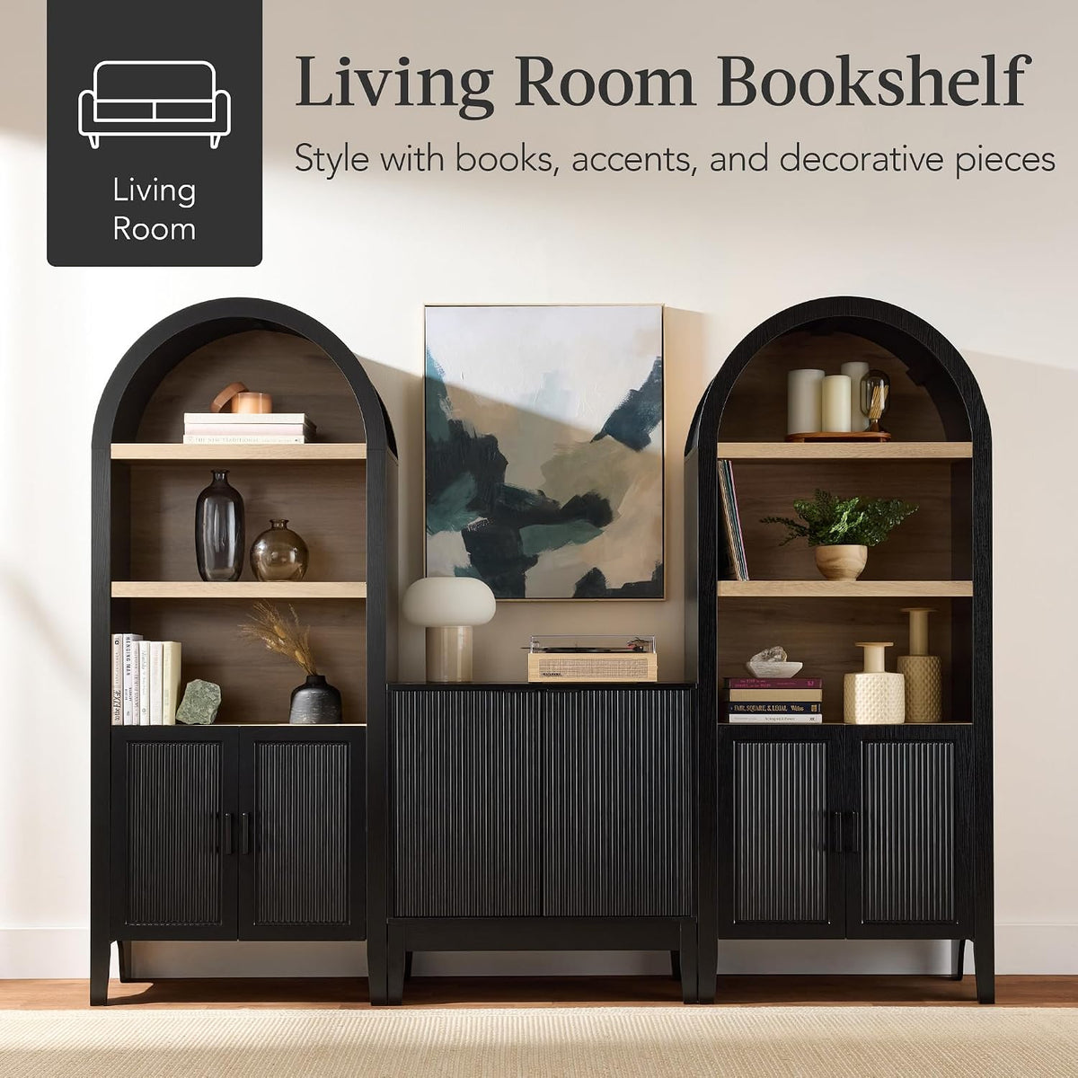 Best Choice Products 72" Tall Arched Pantry Cabinet w/Reeded Doors, 5-Tier Bookshelf, Armoire, Hutch, Bookcase, Storage Cabinet w/Adjustable Shelves, for Dining Room and Livingroom - Black Oak