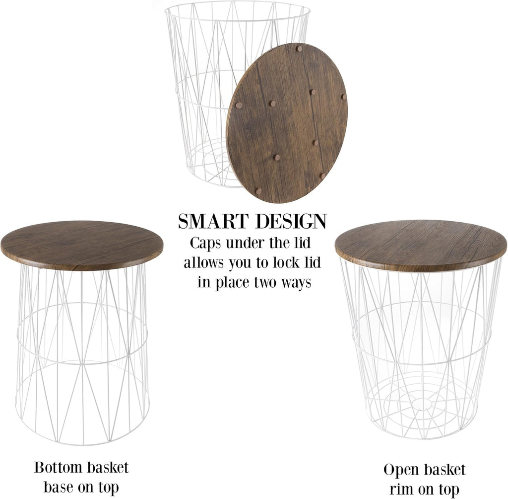 End Tables Set of 2 - Nesting Tables with Removable Wood Tops and Metal Wire Baskets for Blanket Storage - Round Side Furniture for Living Room, Bedroom, or Home Office by Lavish Home (Brown/White)