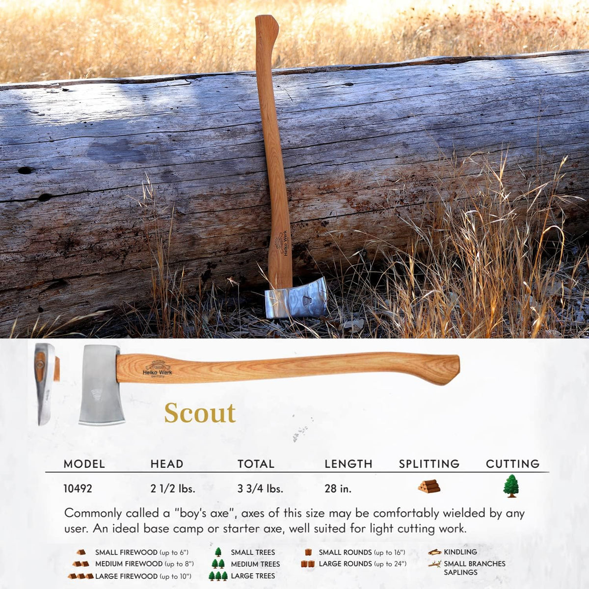 1844 Helko Werk Germany Classic Scout Axe - Made in Germany Felling Axe, Cutting Axe, Camping Axe, for felling trees, cutting wood, splitting camp firewood - Head 2.5 lbs, Handle 28 in. (Scout) #10492