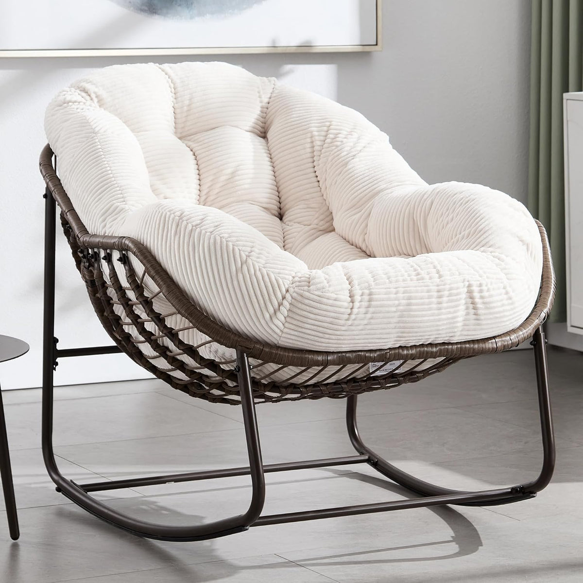 HOMEFUN Outdoor Patio Rocking Chairs, Oversized Papasan Rock Chair Indoor with Striped Velvet Padded Cushion - Rocker Egg Seat for Front Porch, Garden, Patio, Backyard White