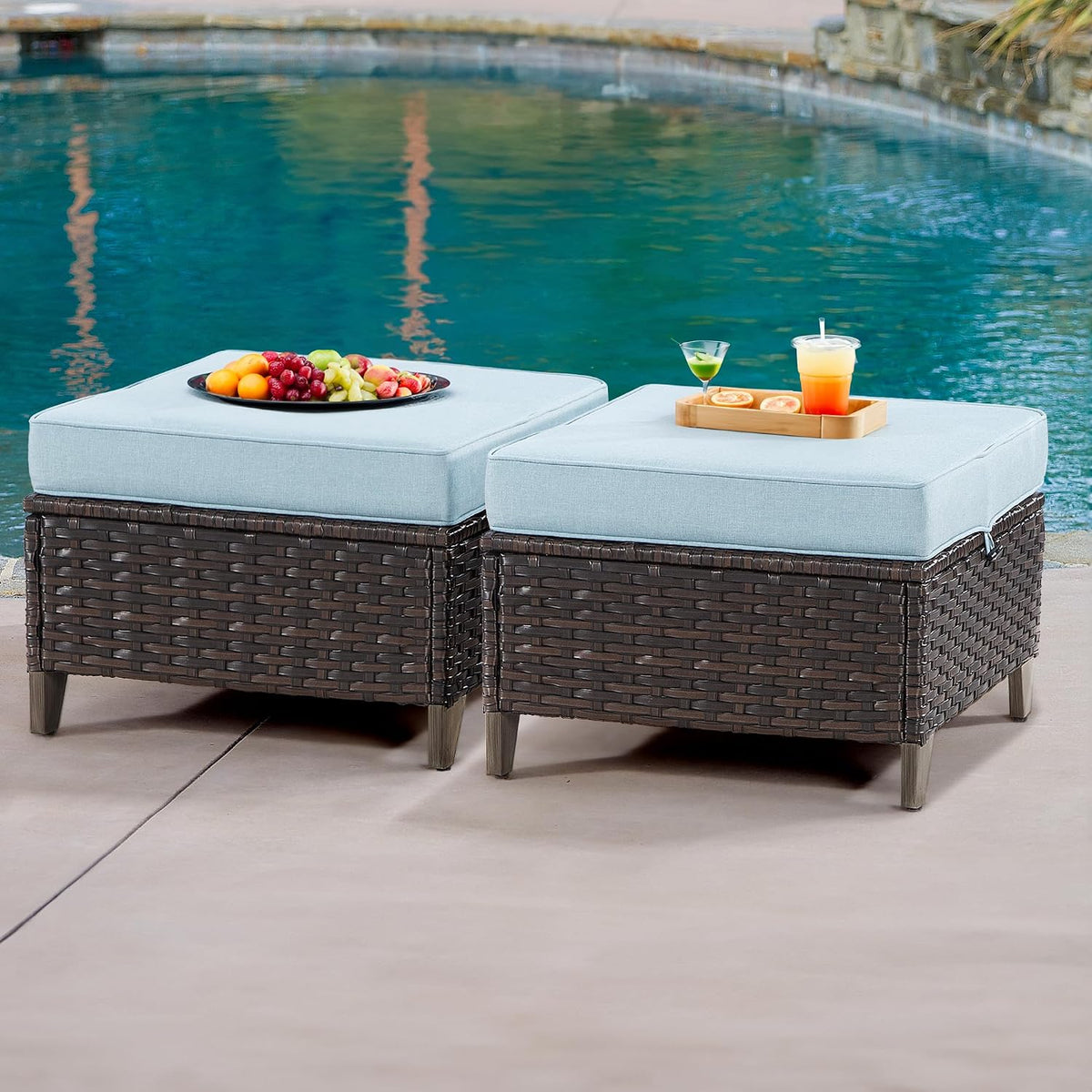 Patio Ottoman Set of 2, All Weather Outdoor Rattan Ottomans Patio Footstools with Removable Cushions for Garden Backyard Porch(Brown/Azure)