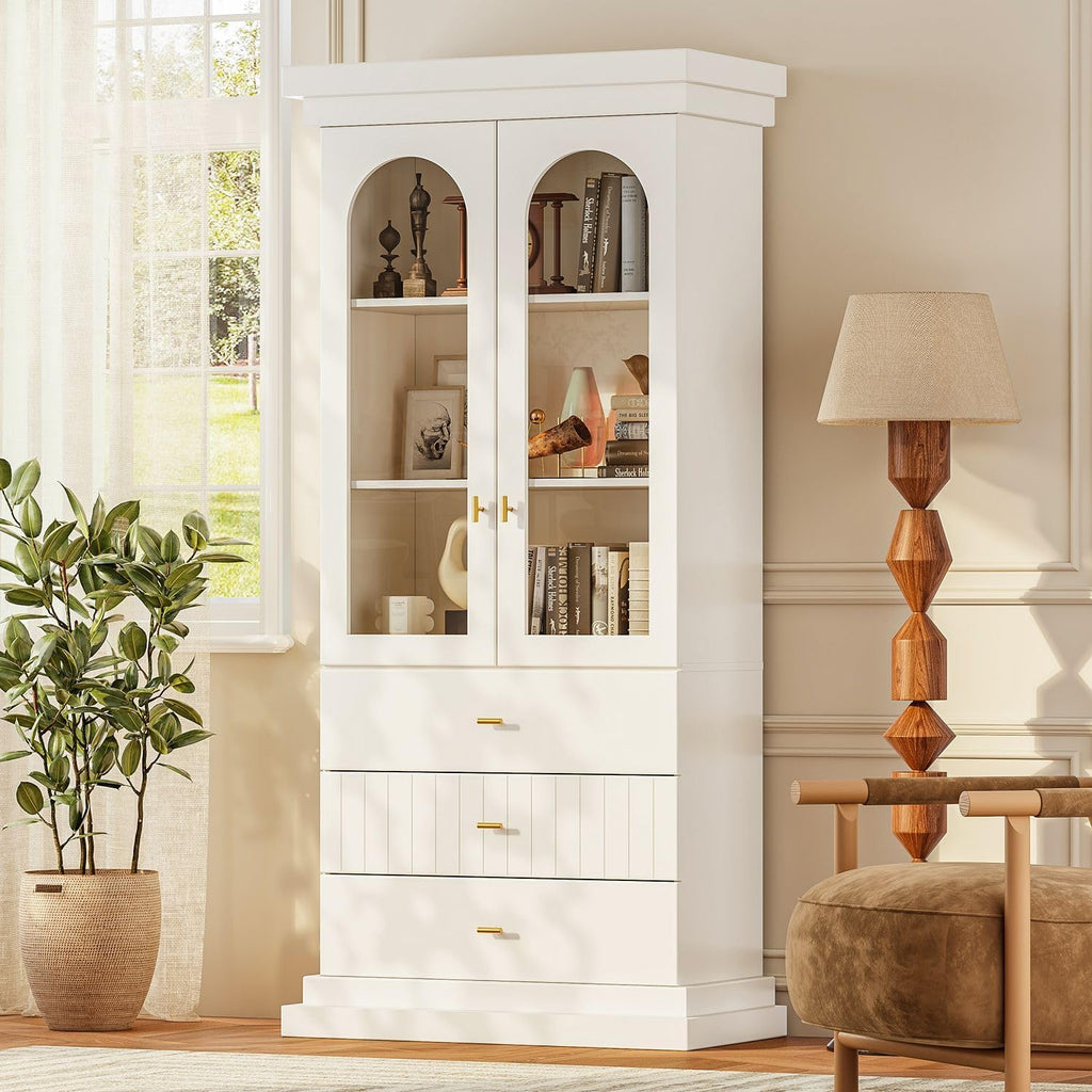 71" Arched Kitchen Modern Pantry Storage Cabinet, Tall Display Cabinet for Dining Room and Living Room with 1 Glass Door and 1 Open Shelf Cabinet with Drawers, White with Gold Handles, 2 of Set