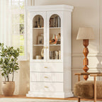 71" Arched Kitchen Cabinet, Double Glass Door Display and Storage Cabinets with Drawers, Modern Pantry for Dining Room and Living Room, White with Gold Handles, 2 of Set