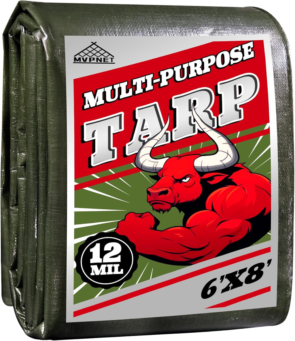 Green/Silver Heavy Duty Waterproof Tarp 6x8FT, 12mil Thick，Multifunctional tarp Whit Tear&Fade Resistant,UV Resistant,with Grommets and Reinforced Edges.