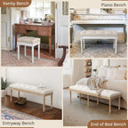 LUE BONA Upholstered Fabric Vanity Bench Seat, Makeup Stools for Vanity, Square Tufted Ottoman Bench with Carved White Legs for Bedroom Living Room, Linen Color