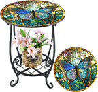 Cinnvoice Outdoor Side Table Round Small Mosaic Patio Accent Indoor End Plant Coffee Tea Table for Yard Patio Porch Garden Living Room, Bedroom(Butterfly Style,14 Inch)