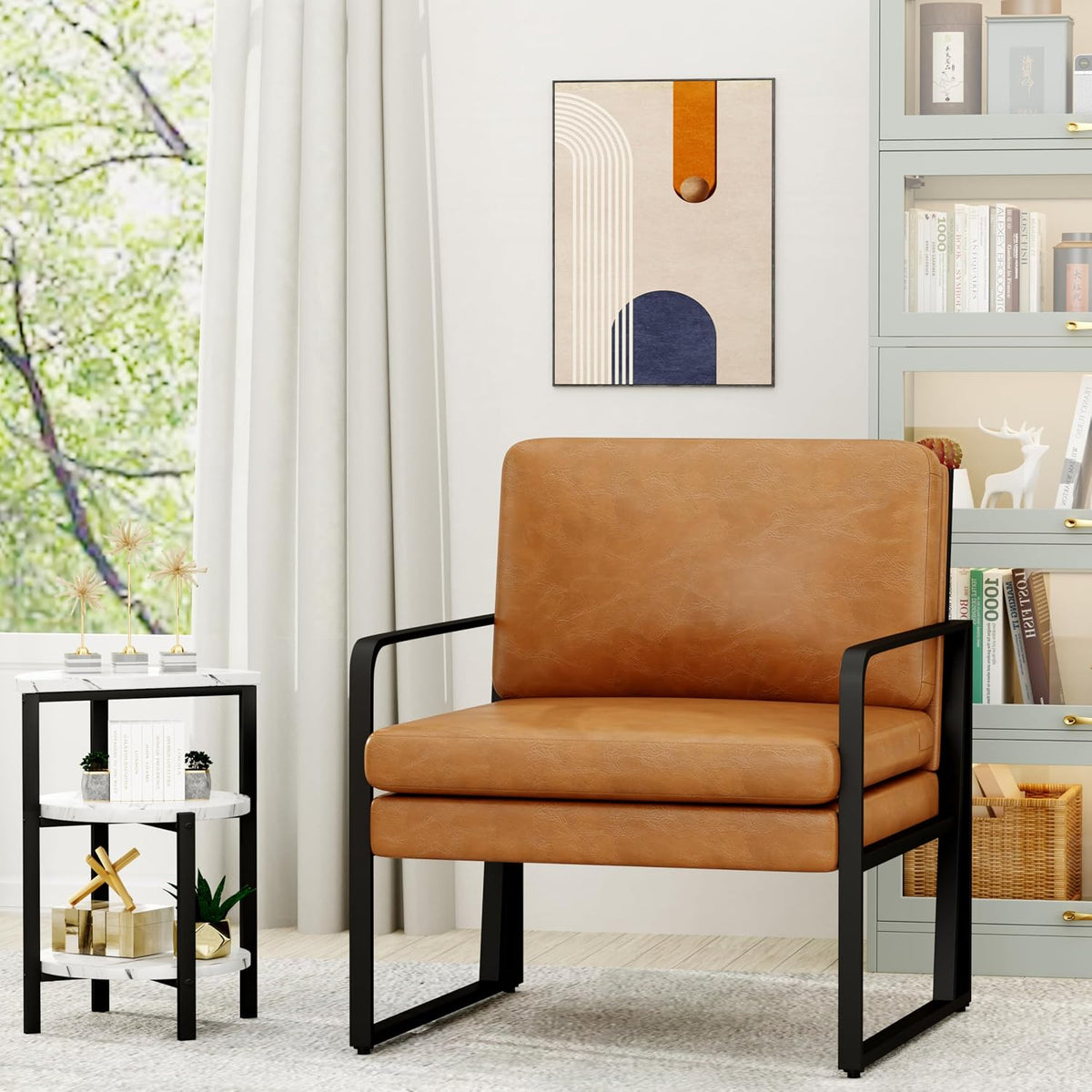 ALISH Accent Chairs, Upholstered Armchair Modern Living Room Chairs Linen Arm Chair Side Sofa Chairs Reading Chairs with Metal Legs for Bedroom, Living Room Brown