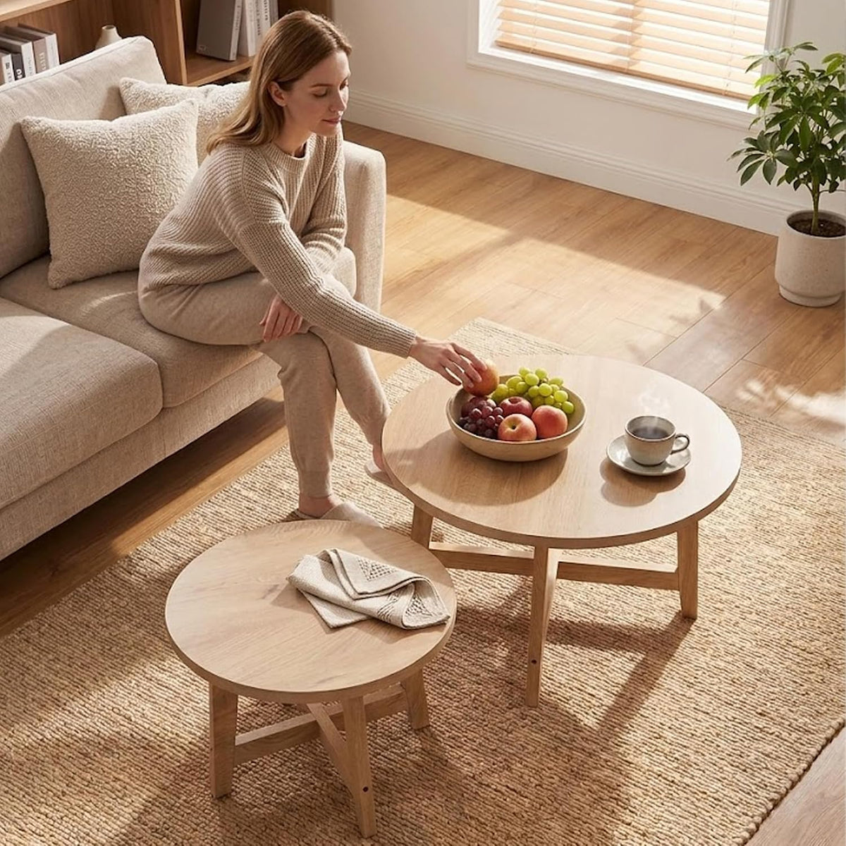 Set of 2 Round Nesting Coffee Tables, Natural Wood Finish Modern Side Tables, X-Shaped Frame Stackable End Tables for Living Room, Bedroom, Balcony 27.56&19.69