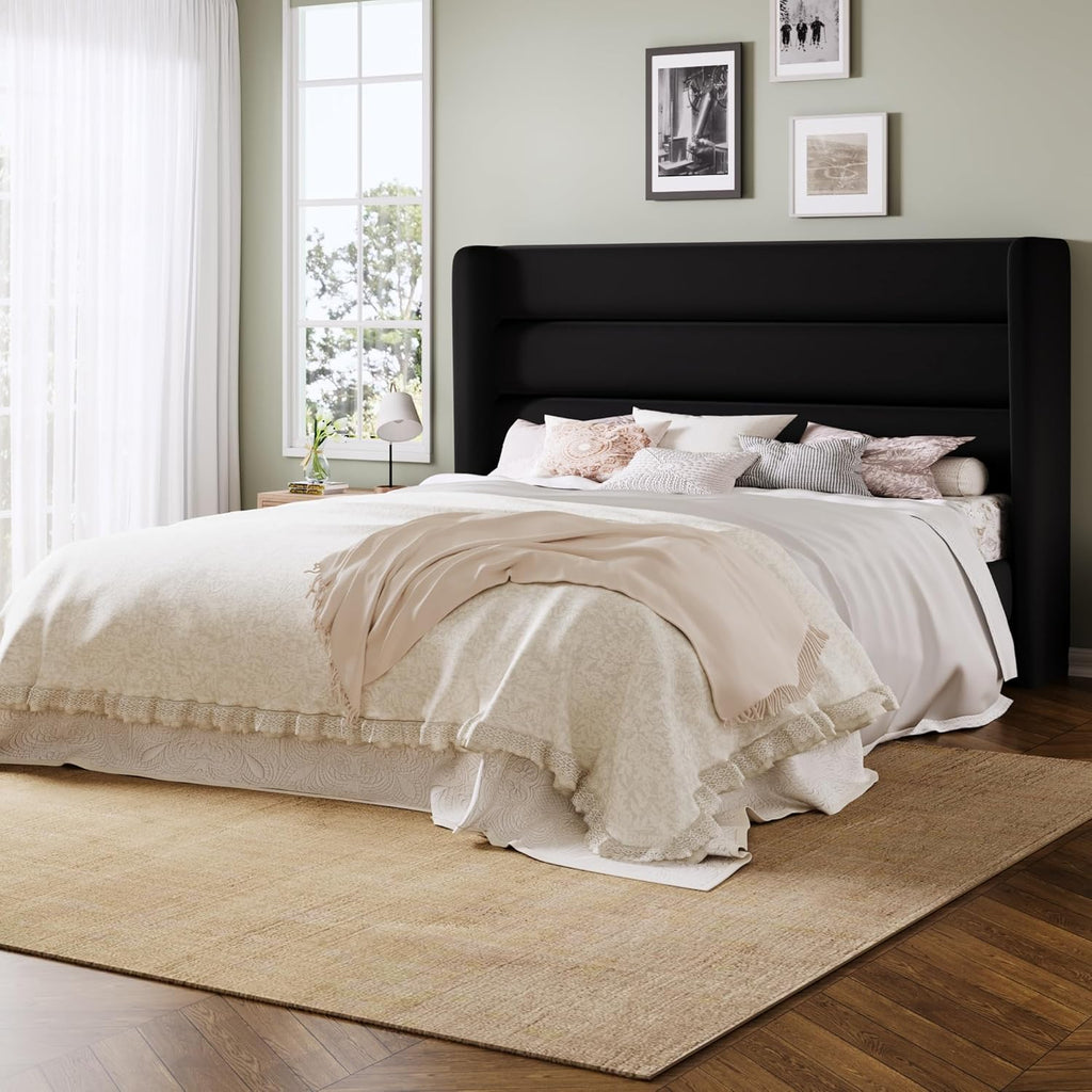 Allewie Full Size Platform Bed Frame with Velvet Upholstered Wingback Headboard, No Box Spring Needed, Under Bed Storage Space, Strong Wooden Slats, Modern Mattress Foundation, Easy Assembly, Black