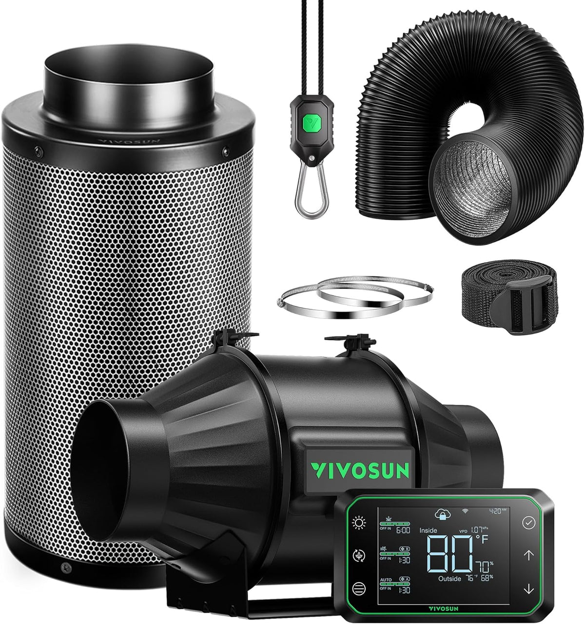 VIVOSUN Smart Air Filtration PRO T4 Kit 4", AeroZesh T4 Inline Duct Fan w/GrowHub E42A Temp. Humidity WiFi-Controller, Carbon Filter & Ducting, Cooling & Ventilation System for Grow Tent, Hydroponics