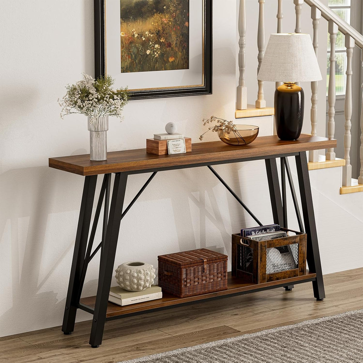 GAZHOME Console Table with Storage Shelf - Industrial Style Sofa Table Behind Couch for Living Room & Entryway, Rustic Brown,53.1 Inch